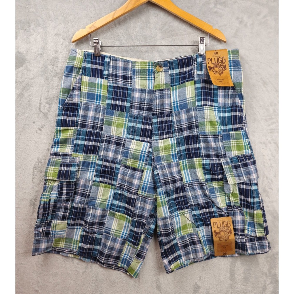 Plugg Men's Madras Patchwork Blue Green Plaid Cargo Chino Shorts‎ 40 NEW Preppy